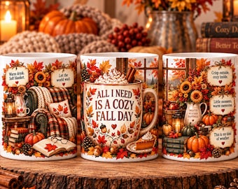 Fall Mug Wrap PNG, 11oz & 15oz Autumn Mug Wrap, Cozy Fall Coffee Mug, Pumpkin Mug PNG Digital Download