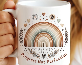 Boho Regenbogen Affirmationen Becherverpackung, 11 Unzen und 15 Unzen Bechervorlage, Boho Becherverpackung, Fortschritt nicht Perfektion, Regenbogen Becherverpackung PNG digitale Datei