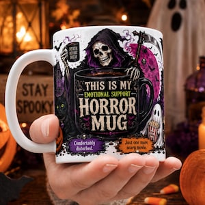 Diseño PNG para sublimación de envoltura de taza de Halloween, envoltura para taza de café de 11 oz y 15 oz, taza de terror de apoyo emocional, envoltura de taza gótica PNG para descarga digital