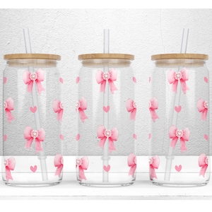 Seamless Pink Bow Libbey Glass Can, Pink Ribbon Beer Glass Can, Coquette 16oz Libbey Glass, Couquette Ribbon Bow PNG File Digital Download