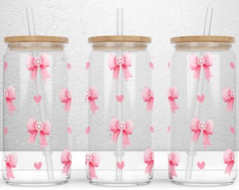 Seamless Pink Bow Libbey Glass Can, Pink Ribbon Beer Glass Can, Coquette 16oz Libbey Glass, Couquette Ribbon Bow PNG File Digital Download