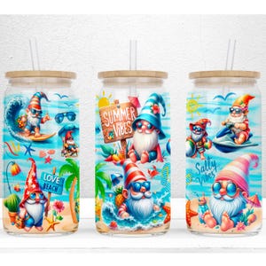 Design per lattine di vetro Libbey da 16 once con gnomi estivi, pellicola UV DTF con gnomi estivi, download digitale di file PNG con pellicola per lattine di vetro con gnomi nautici
