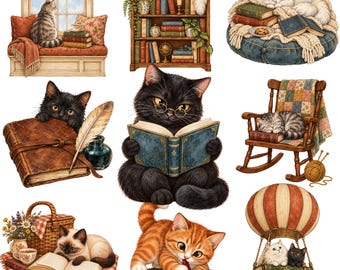 30 Watercolor Cat PNG Clipart Bundle, Bookish Cat PNGs, Reading Cats & Books, Book Lover Clipart, Cozy Library  Digital Download