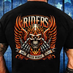 Riders Don't Need Wings To Fly PNG Sublimation Design, Rider Skull PNG, Hell Rider Png, Flaming Skull Design, Biker Skull PNG Digital File