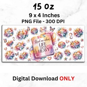 K&ouml;nnte beinhalten: Ein digitaler Download mit einem zentralen Buch mit dem Text &bdquo;Read me when LIFE GETS HEAVY&ldquo;. Um das Buch herum befinden sich Blumen- und Schmetterlingsdesigns mit inspirierenden Zitaten. Das Design ist 22,86 x 10,16 cm gro&szlig;.
