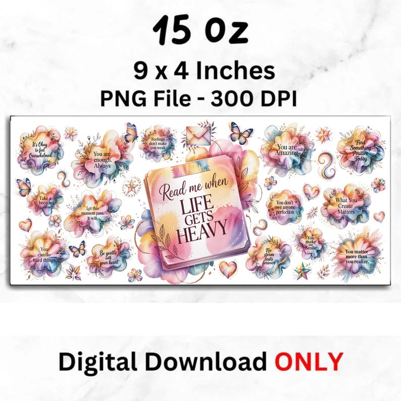 K&ouml;nnte beinhalten: Ein digitaler Download mit einem zentralen Buch mit dem Text &bdquo;Read me when LIFE GETS HEAVY&ldquo;. Um das Buch herum befinden sich Blumen- und Schmetterlingsdesigns mit inspirierenden Zitaten. Das Design ist 22,86 x 10,16 cm gro&szlig;.