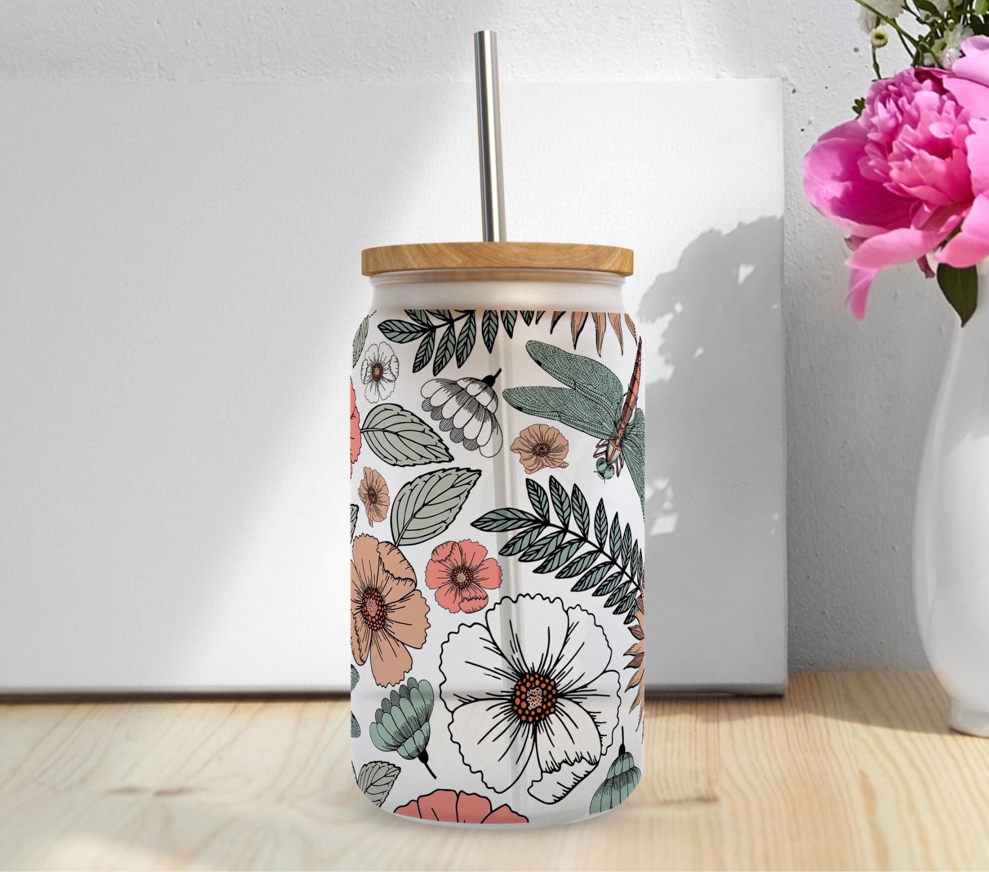 Seamless Boho Floral 16 Oz Libbey Glass Can Tumbler Design, Earthy Can ...