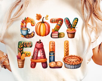 Diseño PNG de sublimación de otoño acogedor, camiseta con ambiente otoñal, letras PNG de otoño acogedoras, suéter de café con pastel de calabaza, archivo PNG del clima, descarga digital