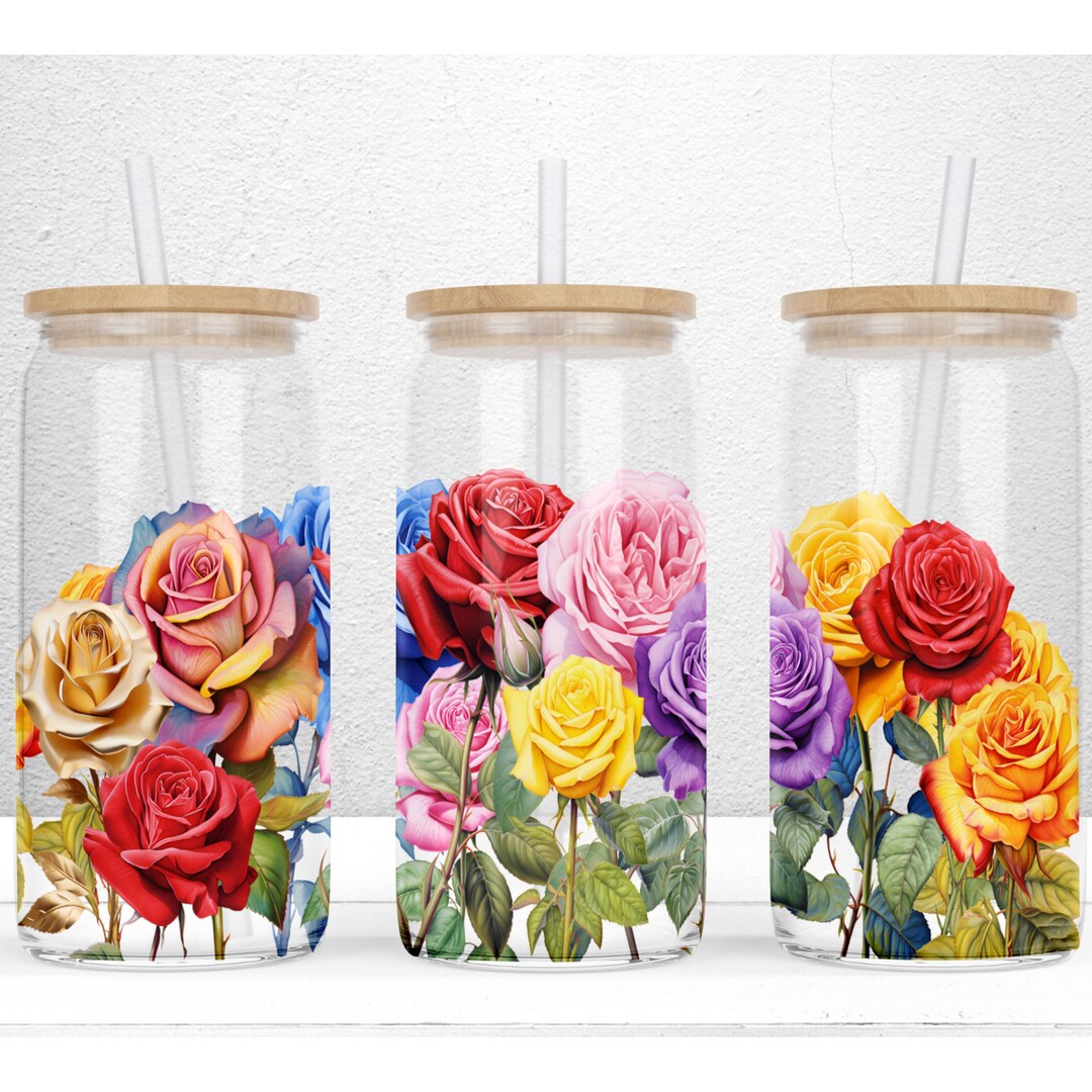 Roses Flower 16oz Libbey Glass Can Sublimation Design, Floral Glass Can ...