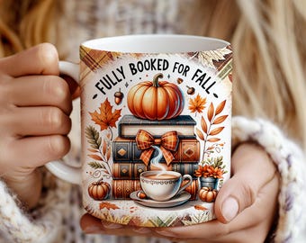 Fully Booked Fall Mug Wraps, 11oz & 15oz Mug Template, Autumn Coffee Mug Design, Books and Pumpkins Mug Wrap, Fall Mug Wrap Digital Download