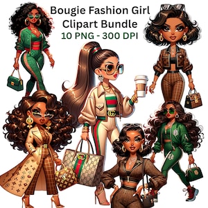 Op de afbeelding: Digitale clipartbundel met illustraties van modieuze vrouwen in verschillende stijlvolle outfits. De afbeeldingen tonen vrouwen met zonnebrillen, die handtassen en koffiebekers vasthouden. De tekst "Bougie Fashion Girl Clipart Bundle" wordt bovenaan weergegeven.