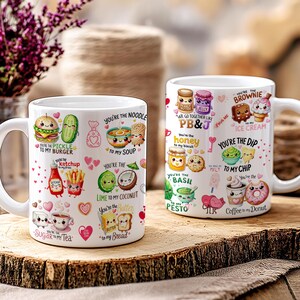 May include: Two white ceramic mugs with various food-themed illustrations and text. One mug features a burger, pickle, and fries, with phrases like "You're the pickle to my burger." The other mug has a brownie, ice cream, and donut, with phrases like "You're the brownie to my ice cream."