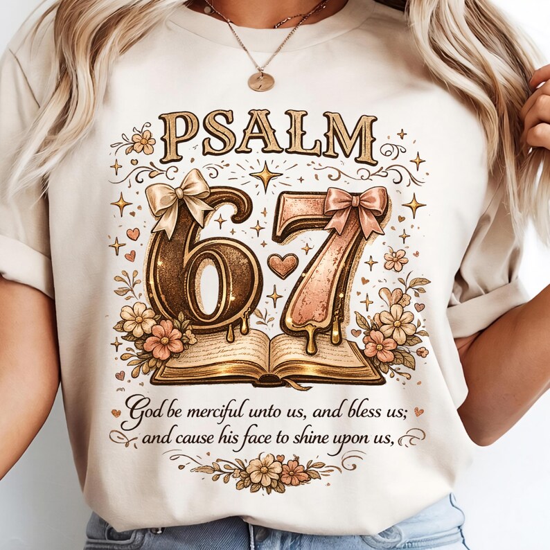 May include: Beige t-shirt featuring the text "PSALM 67" with decorative floral and bow accents. The design includes an open book and the phrase "God be merciful unto us, and bless us; and cause his face to shine upon us,"