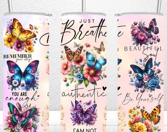 Diseño de sublimación para vaso delgado de 20 oz "Inspiración Mariposa", envoltura para vaso con afirmaciones diarias, archivos digitales PNG para vaso de salud mental
