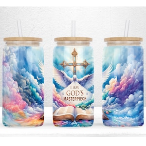 May include: A white tumbler with a bamboo lid and a straw. The tumbler features a colorful watercolor painting of clouds and a dove with a cross. The text "I am God's Masterpiece" is printed on the tumbler.