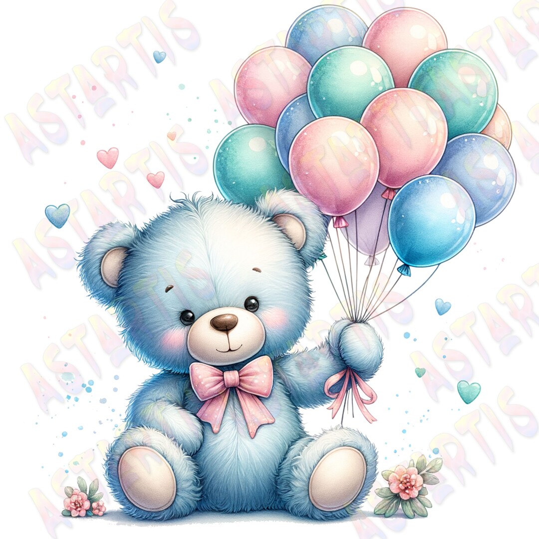 Watercolor Teddy Bear Clipart With Balloons, Digital PNG for Baby ...