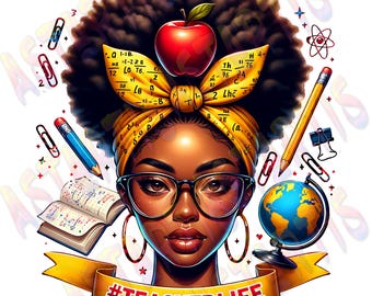 Afro Messy Bun Teacher Life PNG Design par sublimation, Femme noire Png, Professeur noir Png, Messy Bun Teacher Png, Teacher Life Png Download