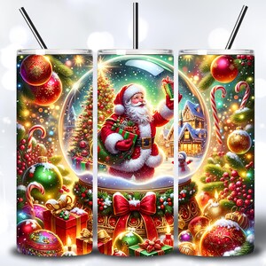 May include: A festive tumbler featuring a Christmas snow globe design with Santa Claus holding gifts. The tumbler is adorned with Christmas ornaments, candy canes, and a red bow. The design includes a Christmas tree and a snowy village scene.