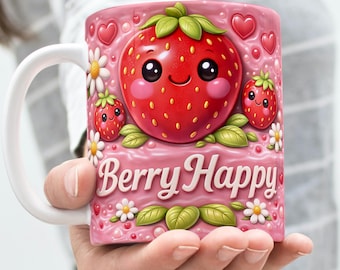Berry Happy Mug Design PNG, Cute Strawberry Sublimation for 11oz 15oz Mug, 3D Inflated Strawberry Mug, Coffee Cup Wrap PNG Instant Download