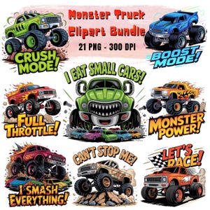 21 Monster Truck PNG Clipart Bundle for Boys, Big Truck Sublimation, Kids Monster Jam PNGs, Cartoon Big Wheels Clip Art, Monster Truck Party