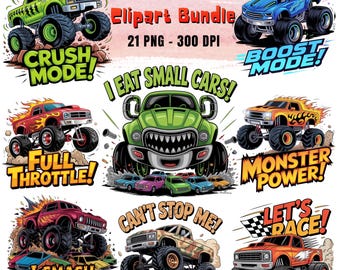 21 zestawów clipartów Monster Truck PNG dla chłopców, sublimacja dużych ciężarówek, dziecięce Monster Jam PNG, cliparty z dużymi kołami z kreskówek, impreza Monster Truck