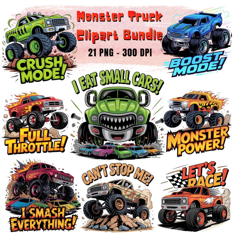 21 Monster Truck PNG Clipart Bundle for Boys, Big Truck Sublimation, Kids Monster Jam PNGs, Cartoon Big Wheels Clip Art, Monster Truck Party