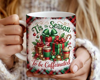 ¡Llegó la temporada del café! Envoltorio para tazas navideñas de 11 oz y 15 oz, taza de café navideña a cuadros, descarga digital PNG de taza navideña