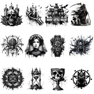 May include: Set of ten black and white temporary tattoos featuring gothic and spooky imagery, including a skull, a spider, a haunted house, a coffin, a witch, a grim reaper, a spiderweb, a chalice, an hourglass, and a pentagram.