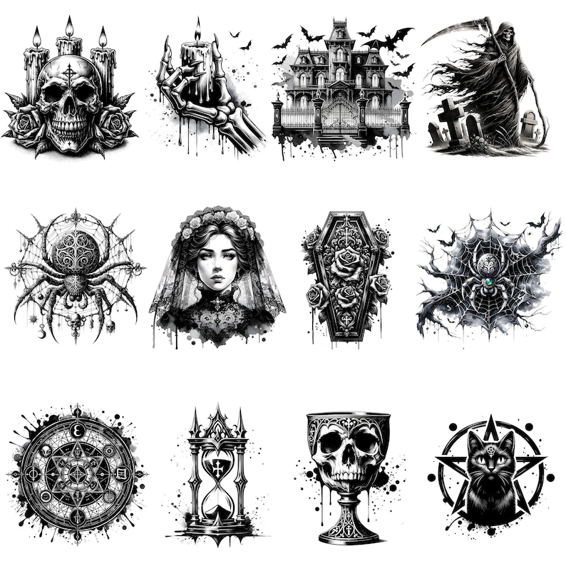 May include: Set of ten black and white temporary tattoos featuring gothic and spooky imagery, including a skull, a spider, a haunted house, a coffin, a witch, a grim reaper, a spiderweb, a chalice, an hourglass, and a pentagram.
