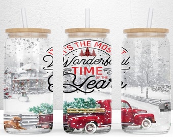 It's The Most Wonderful Time Of The Year 16oz Libbey Glass Can Tumbler PNG Sublimation Designs, Winter Scene, Christmas Truck Png Download