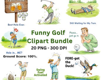 May include: A collection of humorous golf-themed clipart illustrations. The images include golfers, golf balls, and text such as "19th Hole", "Nice Air Shot!", and "FORE-get the Duck!" The bundle contains 20 PNG files at 300 DPI.
