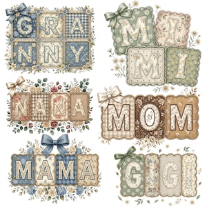 Lot de 6 noms vintage patchwork grand-mère et maman PNG, bonne fête des mères Png, meilleure maman de tous les temps, grand-mère Clipart fichiers PNG en téléchargement numérique