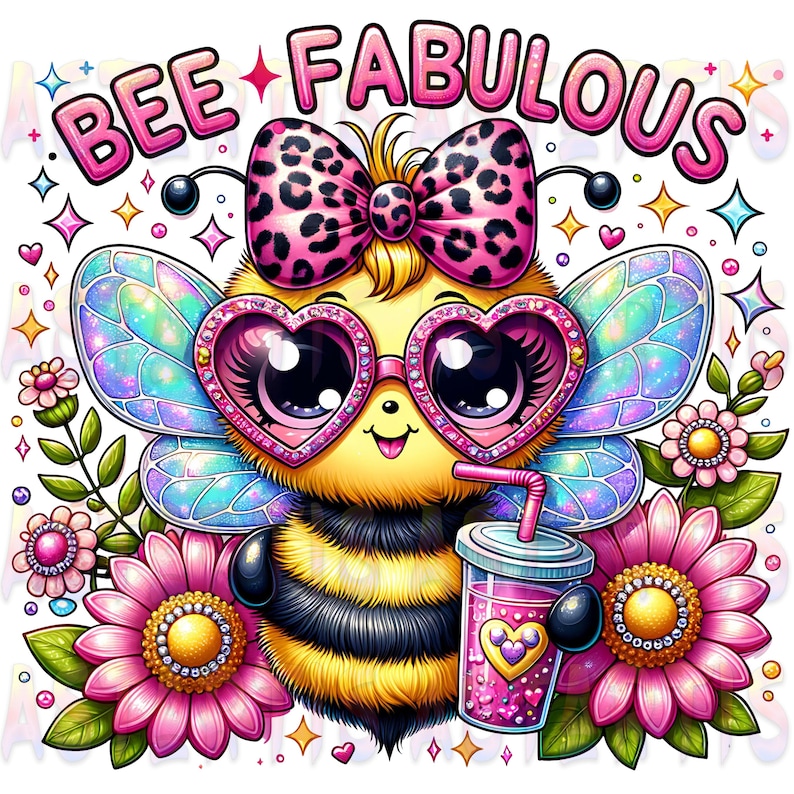 Bee Fabulous PNG Sublimation Design, Cute Kawaii Bee Clipart, Girly Pink Aesthetic, Sparkle Glitter Bee Png, Bee Shirt Design Commercial Use