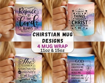 4 Christian Quotes Mug Wrap Bundle, 11oz & 15oz Mug Template, Faith Mug Wrap Sublimation Design, Bible Verse Mug Wrap, Christian Mug Wrap