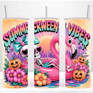 Summerween Vibes 20oz Skinny Tumbler Sublimation, Funny Skeleton Float Halloween in Summer, Flamingo Pool Pumpkins PNG File Digital Download
