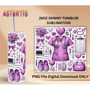Nurse Tumbler Wrap PNG, 20oz Skinny Nurse Sublimation Design, Purple Personalized Nurse Png, Custom Nurse Tumbler Gift PNG Digital Download image 2
