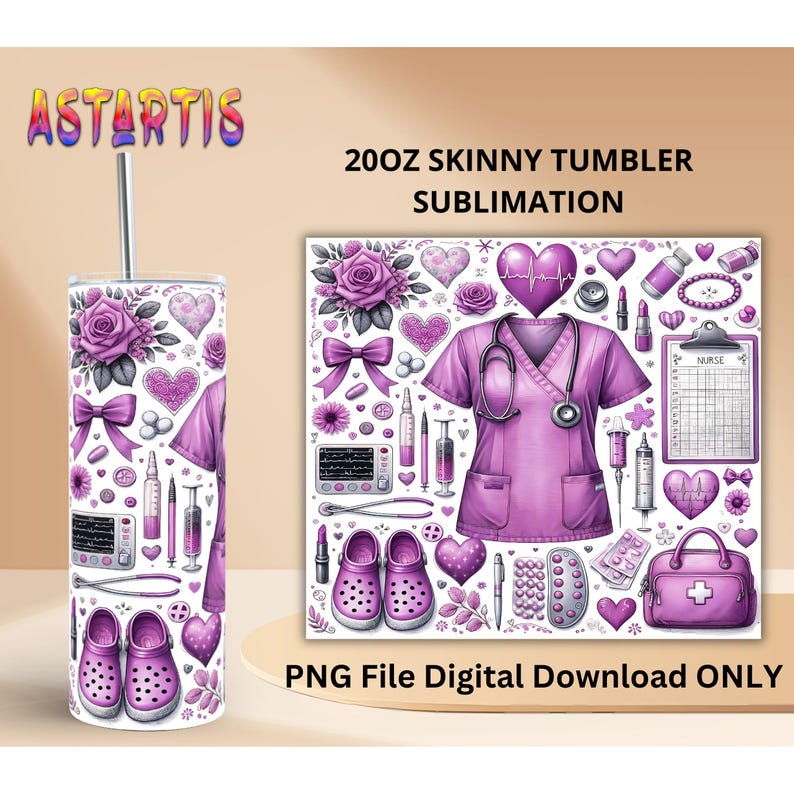 Nurse Tumbler Wrap PNG, 20oz Skinny Nurse Sublimation Design, Purple Personalized Nurse Png, Custom Nurse Tumbler Gift PNG Digital Download image 2