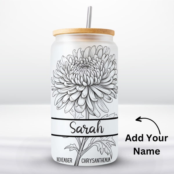 November Birth Flower | 16oz Libbey Glass Can Sublimation Design, Add Your Own Name Chrysanthemum Birth Flower Png, PNG  Digital Download