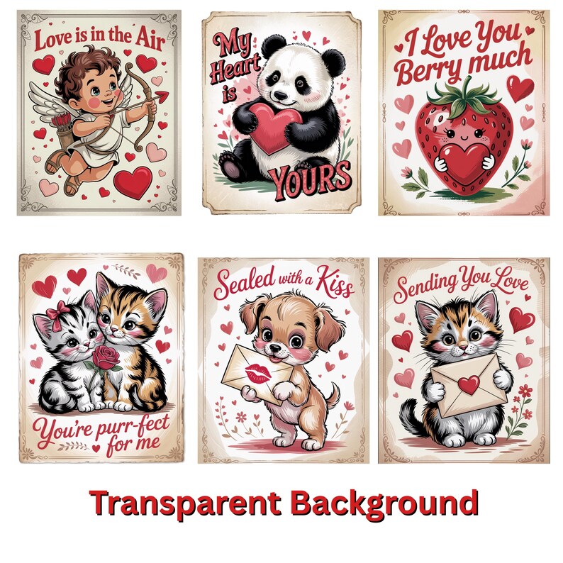May include: A collection of six vintage-style Valentine's Day cards. The cards feature illustrations of a cherub, panda, strawberry, kittens, puppy, and kitten, each holding hearts or love letters. Text includes phrases like "Love is in the Air" and "Sealed with a Kiss."