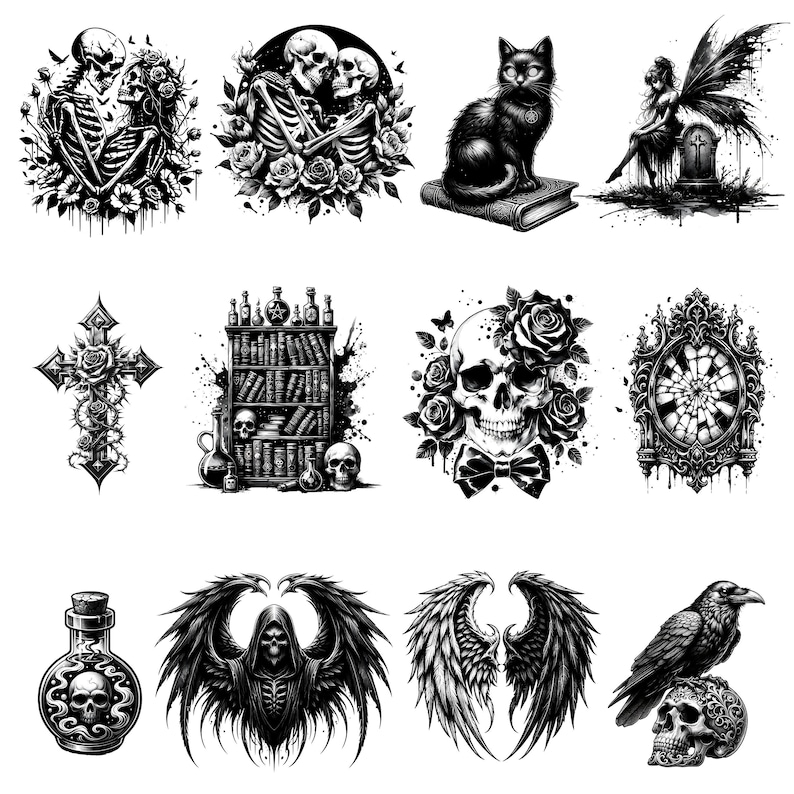 May include: A collection of ten black and white illustrations featuring gothic and spooky themes. The illustrations include skeletons, skulls, a black cat, a winged angel, a cross, a bookshelf, a crow, a potion bottle, a pair of angel wings, and a decorative frame.