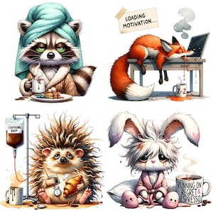 May include: Four cartoon animal illustrations depicting daily struggles. A raccoon in a towel with coffee, a fox asleep at a laptop, a hedgehog with a caffeine drip, and a bunny with a coffee mug that says "Running on Regret & Espresso."