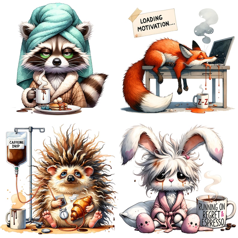 May include: Four cartoon animal illustrations depicting daily struggles. A raccoon in a towel with coffee, a fox asleep at a laptop, a hedgehog with a caffeine drip, and a bunny with a coffee mug that says "Running on Regret & Espresso."
