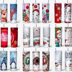 May include: Set of 20 different Christmas themed sublimation designs for tumblers. The designs feature various Christmas themes, including snowmen, gnomes, Santa Claus, reindeer, and Christmas trees. The designs are perfect for creating unique and festive tumblers for the holiday season.