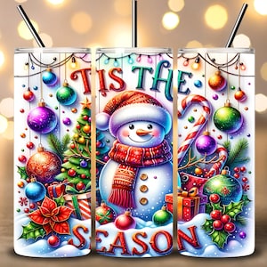 Opakowanie na kubek Tis The Season Snowman, 20 oz Skinny Tumbler Design, Opakowanie na kubek świąteczny, Opakowanie na kubek Snowman, Plik PNG do pobrania cyfrowego