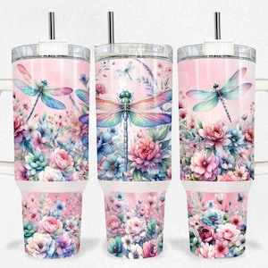 Floral Dragonfly 40oz Tumbler Sublimation Design, Dragonfly Tumbler Wrap, Floral 40Oz Tumbler, Flowers Wrap PNG Files Digital Download
