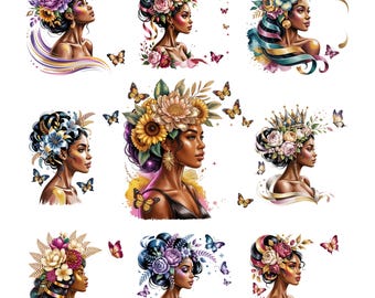12 Black Woman PNG Bundle, Floral Black Girl Clipart Designs, Melanin Queen Butterfly Sublimation, African American Woman PNG