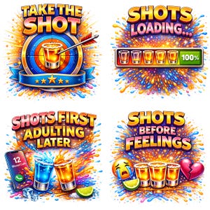 Pu&ograve; includere: Un collage vibrante di quattro immagini con testo e illustrazioni relative agli shot. Le immagini presentano bicchierini, un bersaglio, un telefono, una barra di caricamento ed emoji. Il testo include frasi come "Take the Shot" e "Shots Before Feelings."