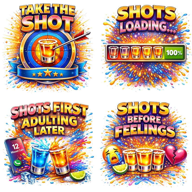 Pu&ograve; includere: Un collage vibrante di quattro immagini con testo e illustrazioni relative agli shot. Le immagini presentano bicchierini, un bersaglio, un telefono, una barra di caricamento ed emoji. Il testo include frasi come "Take the Shot" e "Shots Before Feelings."