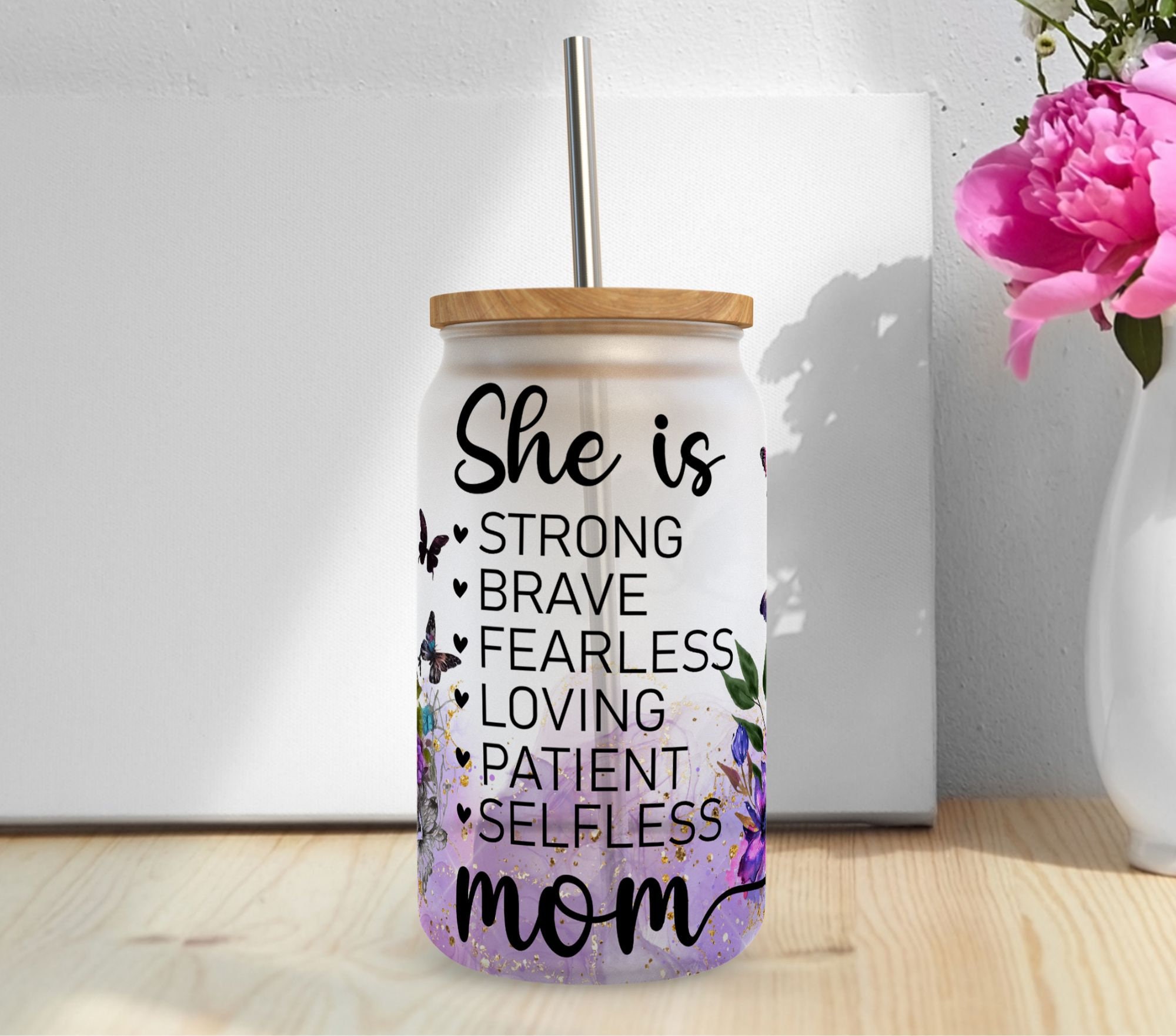 Butterfly Mama Libbey Glass Can Wrap PNG - Strong Mom Butterfly Glass ...