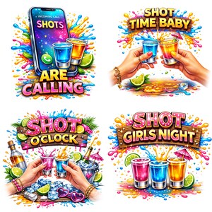 Pu&ograve; includere: Illustrazioni digitali vivaci a tema festa. Una mostra un telefono con "SHOTS ARE CALLING". Altre immagini mostrano mani che brindano con bicchierini, con testi come "SHOT TIME BABY" e "SHOT GIRLS NIGHT". Lime e spruzzi colorati sono presenti.